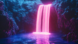 A neon futuristic waterfall cascading into a glowing abyss. [Cryptosea Trench] | Rift Coral | abyss stone. Illustration