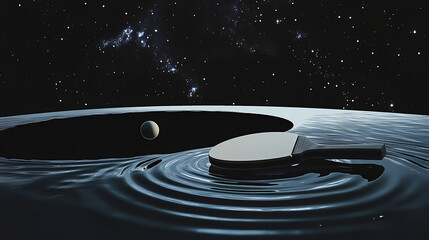 Wall Mural - A ping pong paddle rests on a reflective surface with a small ball, set against the backdrop of a black hole in deep space. [Cryptosea Trench] | Benthic Signal | deep ping. Illustration