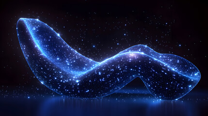 Poster - Futuristic digital landscape with a glowing blue grid wave against a dark, starry background. Perfect for tech and science themes. Abstract wireframe in dark blue.
