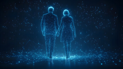 Aufkleber - Futuristic couple walking into digital future. Wireframe man and woman holding hands, representing connection and technology. Relationship goals in virtual world. Abstract wireframe in dark blue.