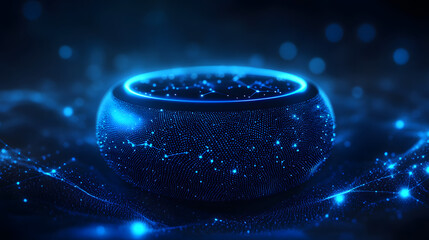 Aufkleber - Futuristic speaker emitting ethereal blue light. A mesmerizing display of technology and innovation, ideal for conveying advanced digital networks. Abstract wireframe in dark blue.