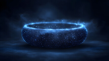 Aufkleber - Futuristic, glowing ring with interconnected blue nodes in a dark blue setting. Evokes innovation and technology. Perfect for backgrounds and tech-related designs. Abstract wireframe in dark blue.