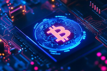 Poster - Bitcoin cryptocurrency symbol illuminated on computer circuit board with neon blue and orange colors