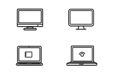 Black and white line art computer and laptop icons representing technology and devices