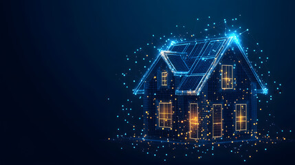 Fototapete - Futuristic house design with a glowing blue grid showcasing interconnected dots, windows, and a gabled roof. A modern home concept with a high-tech network effect. Abstract wireframe in dark blue.