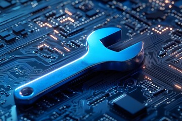 Poster - Blue wrench laying on a circuit board representing technology repair and maintenance