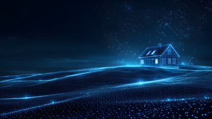 Aufkleber - Futuristic home concept in a digital world. Wireframe house glows atop a network terrain under a starry sky. Ideal for technology and innovation themes. Abstract wireframe in dark blue.