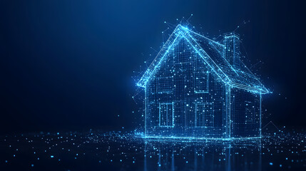 Aufkleber - Futuristic smart home concept with a glowing blue wireframe house on a digital grid. Represents innovation, technology, and modern architectural design. Abstract wireframe in dark blue.
