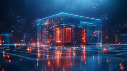 Aufkleber - Futuristic cube constructed from glowing blue grids, reflecting vibrant orange lights. Geometric patterns and digital aesthetic create a compelling abstract scene. Abstract wireframe in dark blue.