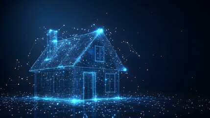 Fototapete - Digital house blueprint glowing in the dark. Architectural design represented by blue wireframe. Conceptual tech illustration showcases modern home technology. Abstract wireframe in dark blue.