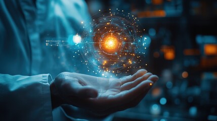 A scientist holding a glowing nanobot on their fingertip, microscopic technology concept 