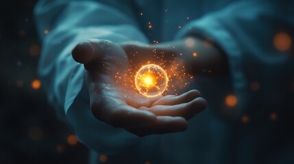 A scientist holding a glowing nanobot on their fingertip, microscopic technology concept 