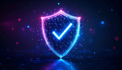 Poster - A glowing digital shield with a checkmark, symbolizing security and protection in a futuristic design