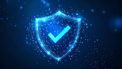 Poster - A glowing digital shield with a checkmark, representing security and protection in a futuristic style