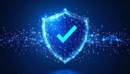 Poster - A glowing digital shield with a checkmark symbolizes security and protection in a high-tech environment