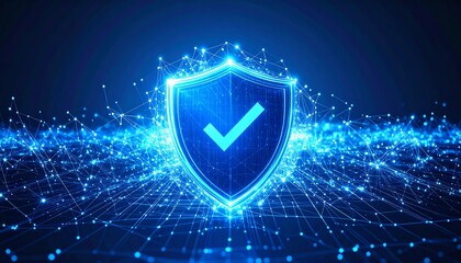 Poster - A glowing shield with a checkmark, surrounded by interconnected digital nodes, symbolizes security and technology in a futuristic context