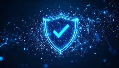 Poster - A glowing shield symbolizing security and protection, surrounded by a network of interconnected dots and lines, representing technology and digital safety
