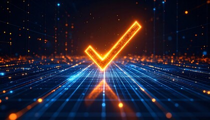 Poster - A glowing checkmark symbolizing success and approval, set against a futuristic, digital background filled with glowing lines and particles