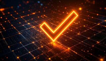 Poster - A glowing orange check mark on a dark, digitized background filled with lines and sparkles, symbolizing approval and success in a tech context