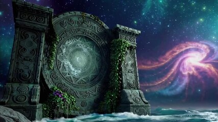 Wall Mural - a large stone door with a spiral design on it