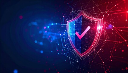 Poster - Digital shield graphic symbolizing security and protection in a high-tech environment, blending blue and red hues with connected nodes