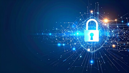 Poster - a digital lock symbol surrounded by glowing lines and nodes, representing cybersecurity and data pro