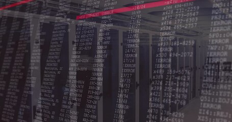 Fototapete - Semi-transparent overlay showing error messages on screen marking red error row over server racks