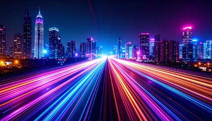 Poster - A vibrant cityscape at night with colorful light trails from vehicles, showcasing a modern skyline illuminated by neon lights