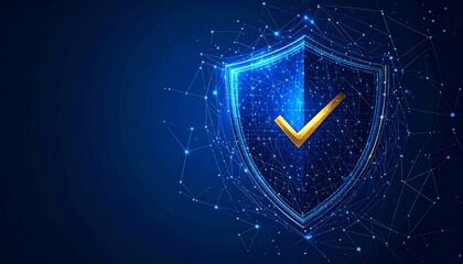 Poster - A digital shield symbolizing security and trust, adorned with a golden checkmark, set against a futuristic blue background