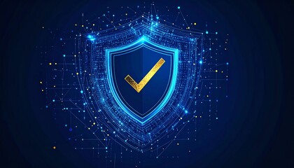 Poster - digital shield symbol with a glowing checkmark, representing cybersecurity and protection in a tech-
