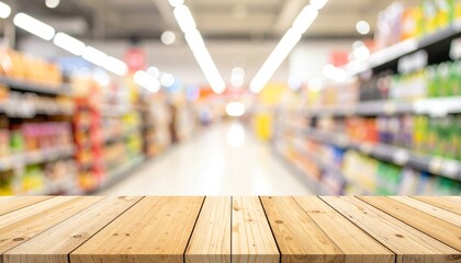 Poster - A blurred supermarket aisle with colorful products on shelves and a wooden tabletop in the foreground