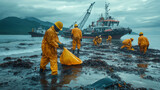 Teams work on cleaning up an oil spill off the coast of Koh Samet, Thailand