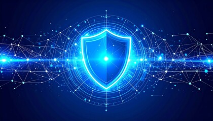 Poster - A glowing shield icon surrounded by interconnected points and lines, symbolizing digital security and protection in a networked environment