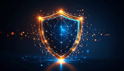 Poster - a glowing digital shield symbolizing cybersecurity and protection with interconnected nodes and vibr