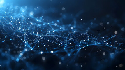 Aufkleber - Modern technology background showcasing a complex network. Interconnected nodes glow against a dark backdrop, symbolizing digital connectivity and innovation. Abstract wireframe in dark blue.