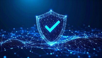 Poster - a digital shield with a check mark, symbolizing cybersecurity and protection, set against a blue, ne