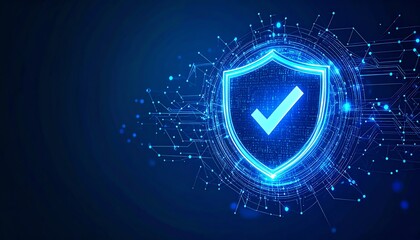Poster - a glowing blue shield with a check mark, symbolizing digital security and protection in a high-tech 