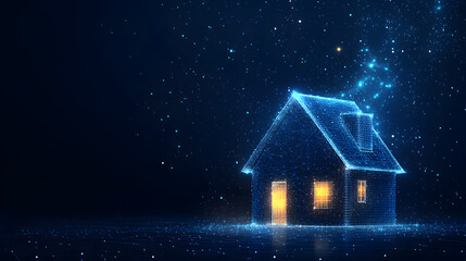 Aufkleber - Futuristic home concept with a glowing blue wireframe house set against a dark blue starfield. Orange light emanates from the windows and door. Abstract wireframe in dark blue.