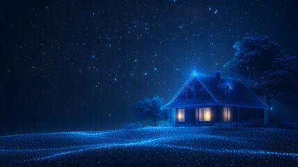 Aufkleber - Futuristic blue wireframe house glows warmly on a grid field beneath a starry sky. Abstract wireframe design with trees evokes calm and innovation. Abstract wireframe in dark blue