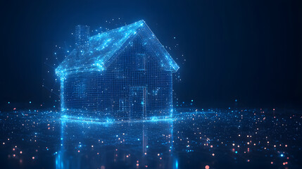 Aufkleber - Futuristic smart home concept with a luminous wireframe house floating over a reflective surface. Digital architectural model with a technological aesthetic,Abstract wireframe in dark blue