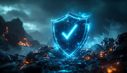 Poster - a glowing shield symbolizing protection and security amidst a dramatic landscape of rock and mist