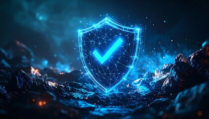 Poster - a glowing digital shield with a checkmark, symbolizing security and protection against threats in a 