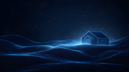 Fototapete - Futuristic home concept in a digital landscape. A glowing wireframe house stands on a blue dot terrain under a starlit sky. Clean, modern and dreamlike aesthetic, Abstract wireframe in dark blue.