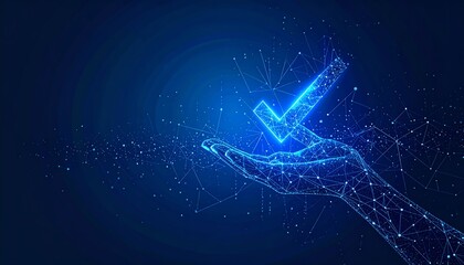 Poster - A glowing hand holds a digital check mark, symbolizing approval and success in a futuristic, technology-driven environment