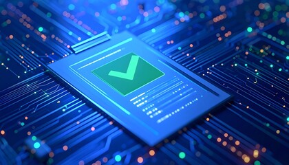 Poster - Digital document with a green checkmark, symbolizing approval or verification, set against a backdrop of blue circuit lines, representing technology and data validation