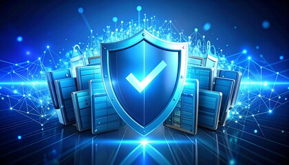 Poster - a digital shield symbolizes cybersecurity, surrounded by various devices and data, representing prot