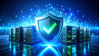 Poster - a digital representation of cybersecurity featuring a shield with a checkmark, surrounded by data ce