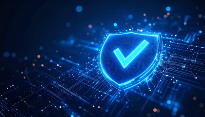 Poster - a digital shield icon with a checkmark, glowing in blue against a dark, tech-inspired background fil