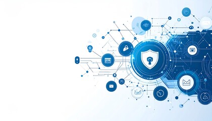 Poster - Digital illustration featuring a shield symbolizing cybersecurity, surrounded by various icons representing technology and data protection in a blue color palette