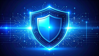 Poster - a glowing digital shield symbolizes cybersecurity, surrounded by abstract technology patterns repres